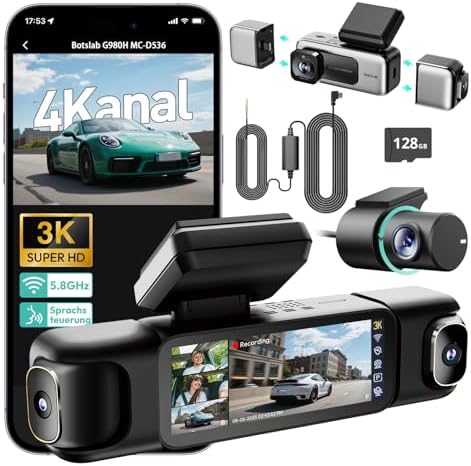 BOTSLAB Dashcam Auto 4 Kanal mit 24/7 Parkmodus, 360° Dashcam, 3K+1080P×3 | 128GB SD-Karte丨Hardwire-Kit, 5,8GHz WiFi, GPS, G-Sensor, Super Nachtsicht,WDR,Loop-Aufnahme,3,18"IPS Dis