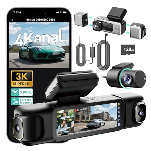BOTSLAB Dashcam Auto 4 Kanal mit Parküberwachung, 360° Dashcam mit GPS, 5.8GHz WiFi,3.18" IPS-Bildschirm,Super Nachtsicht,WDR, G-Sensor,Loop-Aufnahm