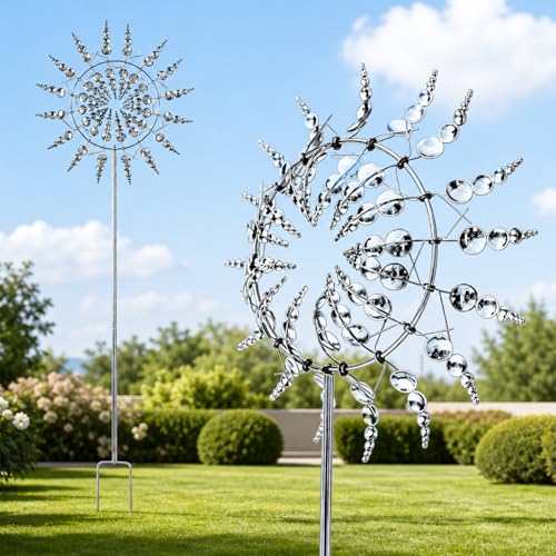Magische Windmühle 30cm 3D Windrad Garten Metall 360 Kinetischer Windspinner Einzigartige & Magische Metall-Windmühle Windräder Windspiel für Garten Terrasse Landschaft Rasen (Silber)