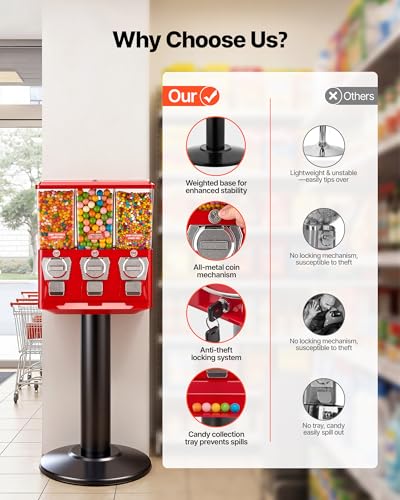 Image of VEVOR Candy Vending Machine, Triple Compartment Candy Vending Machine with Stand, Gumball & Candies Vendings Machines with Built-in Cash Box, Detachable, Vintage Candies Dispenser for Shops, Arcades