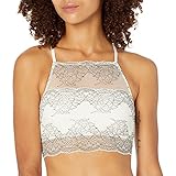 Amazon Brand - Mae Women's Two-Tone Hi-Neck Lace Bralette, Ivory With black, Medium