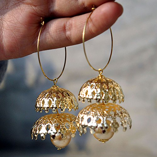 Abhika Creations Golden Multi Cap Jhumki Style Dangling Pearl Earring Casual Look Handmade Indian Fashion Jewelry Earring