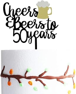 Cheers and Beers to 50 Years Cake Topper, 50 Birthday Cake Topper, 50th Birthday/Wedding/Anniversary Party Supplies Decorations Black Acrylic Cake Topper