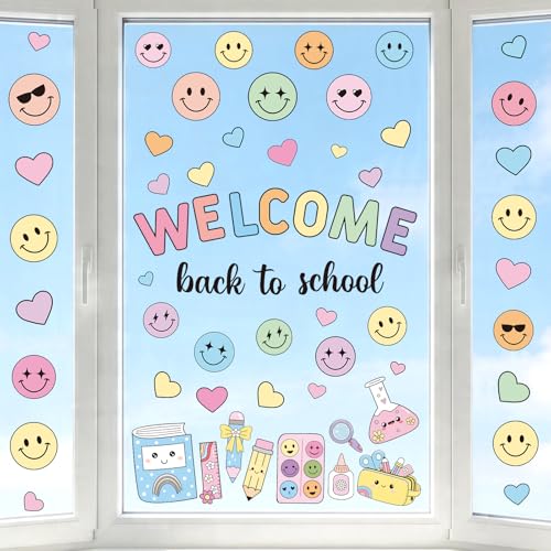 6 Sheets Smile Face Window Clings for Classroom Pastel Classroom Decor Welcome Back to School Window Stickers Decorations Happy Face Windows Decals for Glass Teachers School Decor