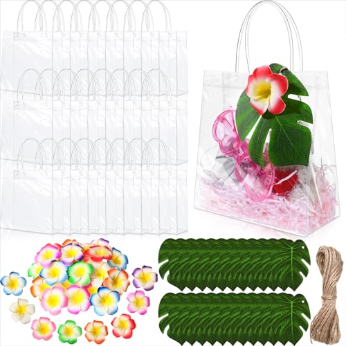 Wesnoy 24 Set Hawaiian Tropical Gift Bags Bulk, PVC Bags with Hibiscus