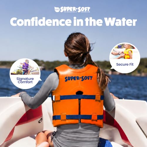Image of TRC Recreation Super Soft Child Size Medium Life Jacket USCG Approved Vinyl Coated Foam Swim Vest for Kids Swimming Pool and Beach Gear, Sunset Orange