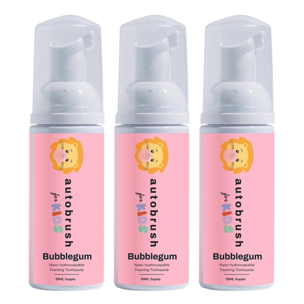 Autobrush Fluoride-Free Foaming Toothpaste for Kids, Bubblegum Flavor, Whitening & Deep Cleaning, Travel Friendly, Anti-Cavity (Pack of 3)