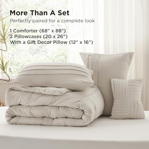 Image of Bedsure Twin Comforter Set - 3 Pieces Pinch Pleat Bed Set, Beige Boho Bedding for All Season, 1 Soft Comforter, 1 Pillowcase, 1 Decorative Pillow