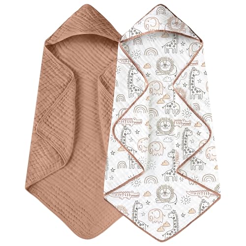Image of Yoofoss Hooded Baby Towels for Newborn 2 Pack 100% Muslin Organic Cotton Baby Bath Towel with Hood for Babies, Infant, Toddler and Kids, 32x32Inch, Soft and Absorbent Newborn Essential, Giraffe