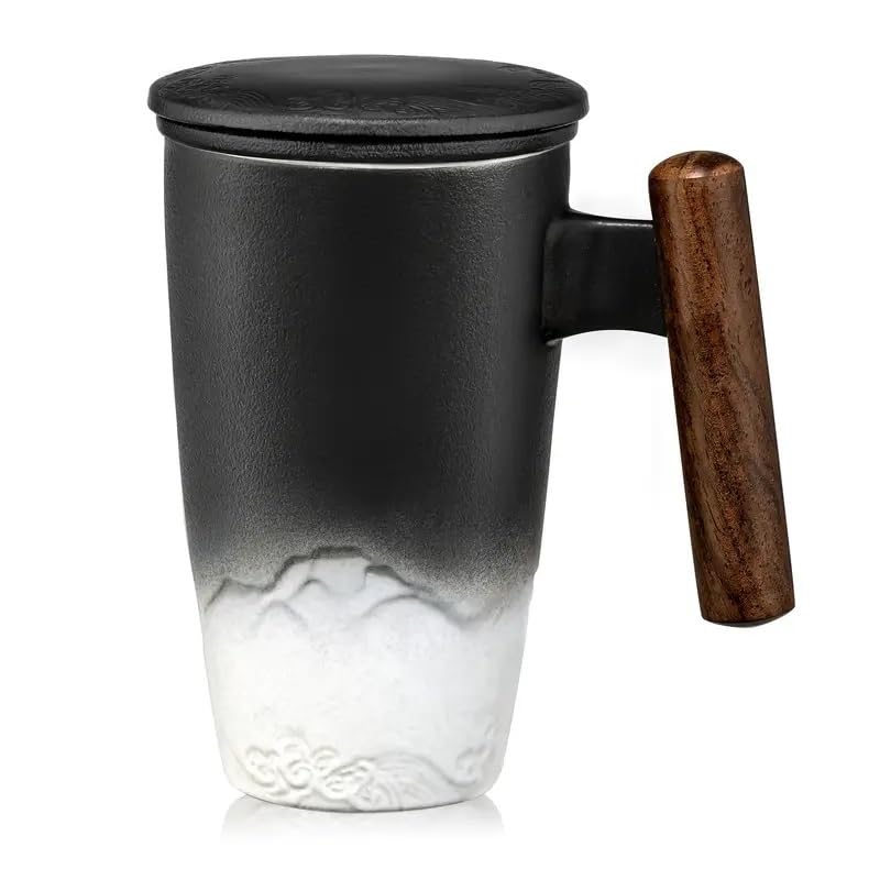 BoBoBn Large Ceramic Creative Mug Set Handmade Ceramic Coffee/Tea Mug Set Large Ceramic Strainer Creative Retro Mug Traditional Tea Cup Pottery Mug Business Gift Set(White)