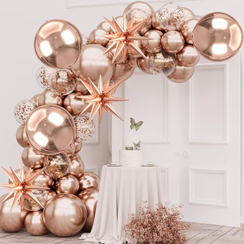 Image of 6Pcs 22 inch Rose Gold Ball Balloons with Metallic Star 4D Large Foil Balloons for 70s Disco Party Birthday Decorations