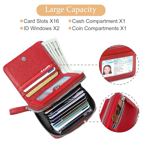 Image of Genuine Wallet Women RFID Blocking Card Holder, Small Leather Womens Wallet with Zipper ID Window Coin Pocket