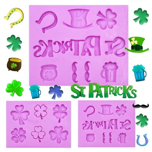 St Patrick's Day Silicone Mold Set, Shamrock Leprechaun Hat Fondant Molds Beer Mug Pattern Mold for Chocolate Candy Making Cake Decorating Cupcake Topper Candy Gum Paste Set of 3