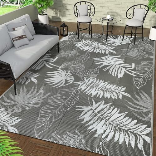 Falflor 5×8 Ft Outdoor Reversible Rug Waterproof Outdoor Patio Rug Plastic Large Floor Mat Lightweight Indoor Outdoor Rug Carpet Plastic Straw Rug for Camping Deck RV Backyard Picnic(Grey)