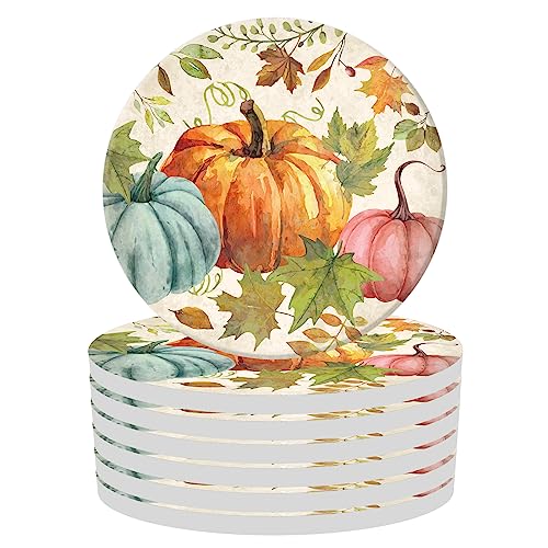 Whaline Fall Thanksgiving Coaster Set of 6 Watercolor Pumpkin Maple