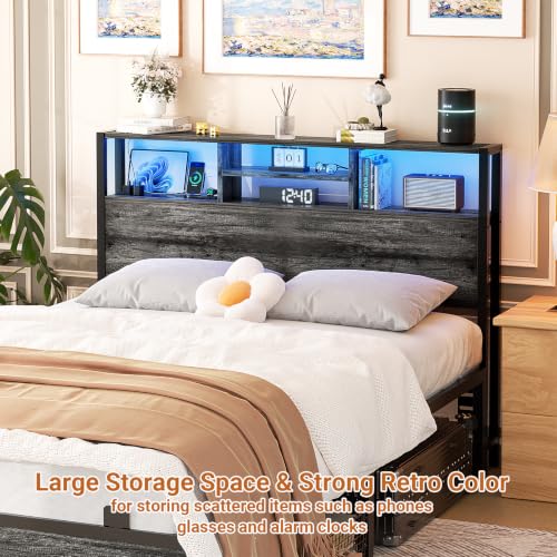 Image of Aheaplus Headboard for Full Size Bed with Storage, Headboards with Outlets | Full Size Head Board Only, with USB Ports and LED Light, Height Adjustable, Reversible, Sturdy & Stable Headboard, Black Oak