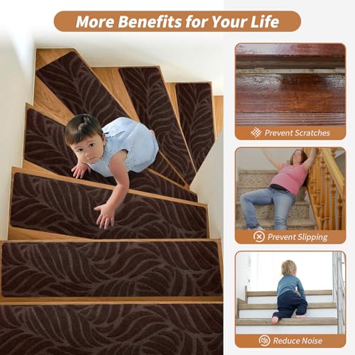 Alfombra para peldaños de madera con base autoadhesiva y lavable de 15 piezas 6