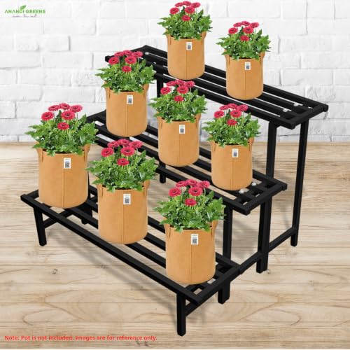 Image of Anandi Greens Black Heavy Duty 3 Tier Metal Plant Stand for Grow Bags Planters and Pots Rust Resistant Iron Plant Pot Holder Rack for Outdoor Balcony Indoor Living Room and Garden Supports Up to 200 kg