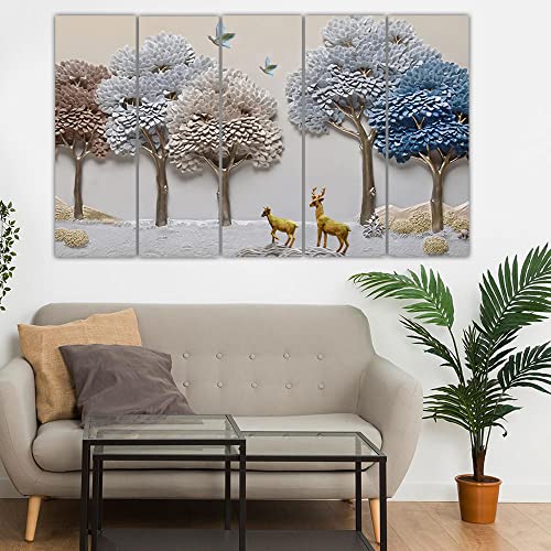 Image of Maxstone Beautiful Goldan Deer With Tree Nature Wall Painting Animals Painting Multiple Panlas Living Room,Bedroom,Office Big Size Wall Painting Set Of-5 Big Size (30x60 inch) M1258