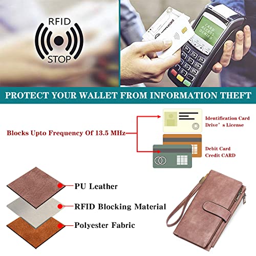 Image of GOIACII Large Wallet for Women Leather Wristlet Dusty Pink | RFID Blocking, Multi-card Slots, Detachable Wrist Strap, Trifold Clutch Purse