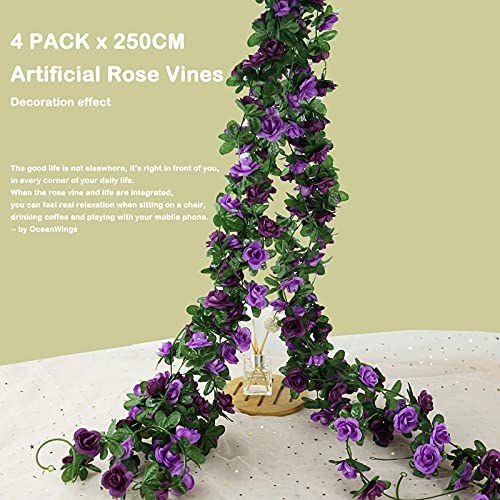 4 Pcs 33 Ft Fake Rose Vine Flowers Plants Artificial Flower Hanging Rose Ivy Home Hotel Wedding Party Garden Art Decor Garden Craft Arrangement Decoration, Gifts For Women (Purple + Dark Purple) #TOP2