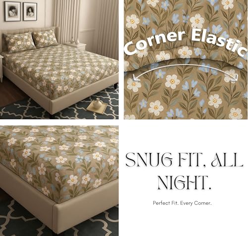 Image of HOMEKART 120 TC Cotton Rich Elastic Corner Fitted Bedsheet with 2 Pillow Covers | Double Bed 72x68+6 Inches | Wrinkle-Free, Super Soft & Breathable Floral Design | Coffee