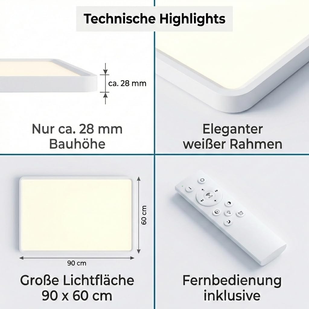 LED Panel Deckenleuchte weiß rechteckig flach 90x60cm CCT 3000-6500K variable Lichtfarbe, dimmbar, mit Fernbedienung, integriertes Netzteil, flimmerfrei IP20 L895xB585XH28mm