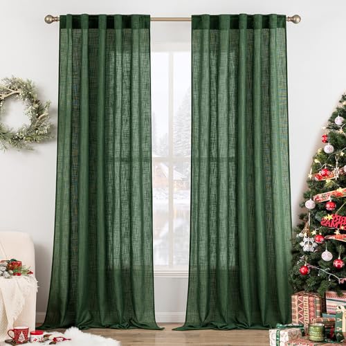 MIULEE Emerald Green Linen Curtains 84 Inch Length for Bedroom Living Room, Soft Thick Linen Textured Window Drapes Semi Sheer Light Filtering Back Tab Rod Pocket Burlap Look Christmas Decor, 2 Panels