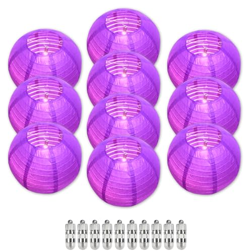 Image of Purple Chinese Paper Lanterns with LED Lights, 10-Pack 10inch | Hanging Lights for Mardi Gras, Graduation, Birthday Decorations, Ceiling Decor, Home Party & Baby Shower