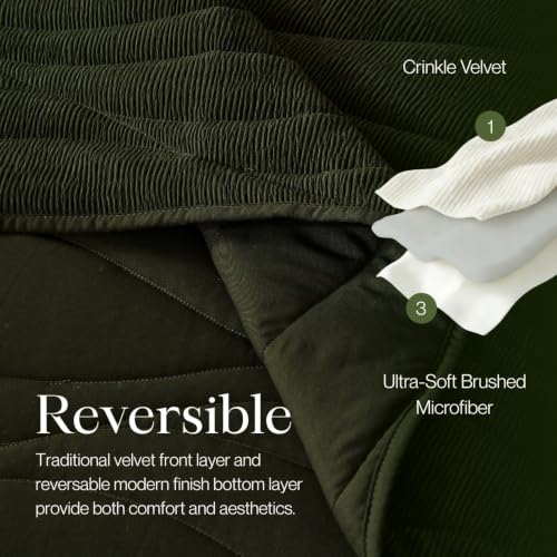 Image of DOWN HOME Crinkle Textured Velvet Quilt Set with Shams, All-Season Luxury Modern Bedding,Easy Care Comforter,Ultra-Soft,Lightweight & Breathable, Cali King, Courtyard Green
