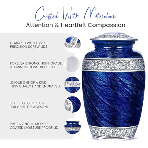 Image of Blue Urns Set of 6 Funeral & Cremation Urns for Human Ashes Adult Man /Woman with 1 Large Blue Urn for Ashes Adult Male with a Customizable Medallion & Ash Necklace with 4 Matching Small Urns