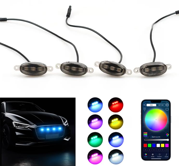 E-GENERIX® Set of 4 RGB Car Front Grille LED Light with APP Control Universal LED Grille Daytime Running Light for Off-Road Vehicles Jeep SUV Cars Decorative Signal Lamp - Image 2 thumbnail