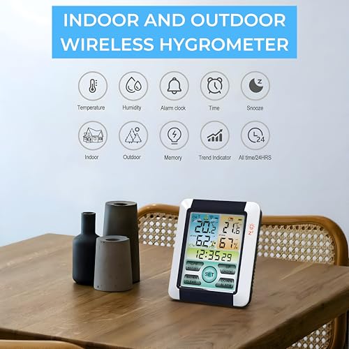 Image of DeWire Wireless Weather Station with 1 Remote Sensor [Supports Upto 3] Digital Touch Screen Hygrometer Thermometer with Backlight, Indoor Outdoor Temperature Humidity Monitor (Weather station)