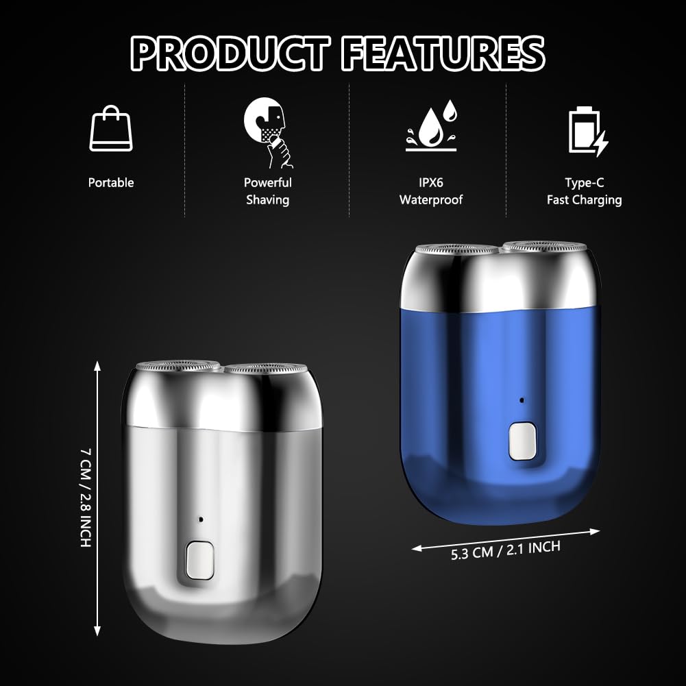 LOPHE Mini Rasoir Électrique pour Hommes IPX7 Étanche – Rasoir de Magnétique Voyage Rechargeable USB, Lames Haute Vitesse 7000 tr/min, Usage Sec/Humide,Portable Shave pour maison, voyages,Argenté