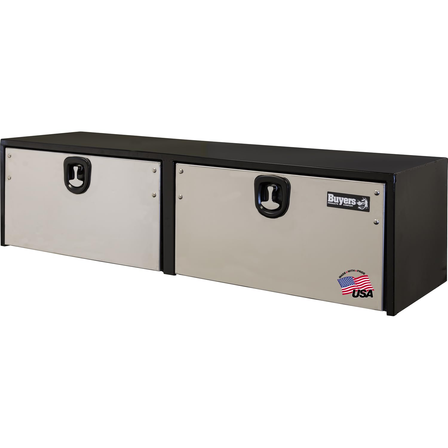 Buyers Products 1702725 Black Steel Underbody Truck Box With Silver Polished Stainless Steel Door, 18 x 18 x 72 Inch, Made In The USA, Truck Tool Box Organizer With Storage, Job Box For Work Truck