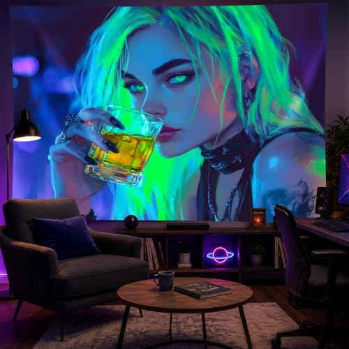 Image of BlissYard Blacklight Tapestry 78x59 Inch Neon Drinking Girl Fluorescent Tapestry Blacklight Sexy Lady Glow In The Dark Art Wall Hanging Poster Room Bedroom Party Backdrop Decor