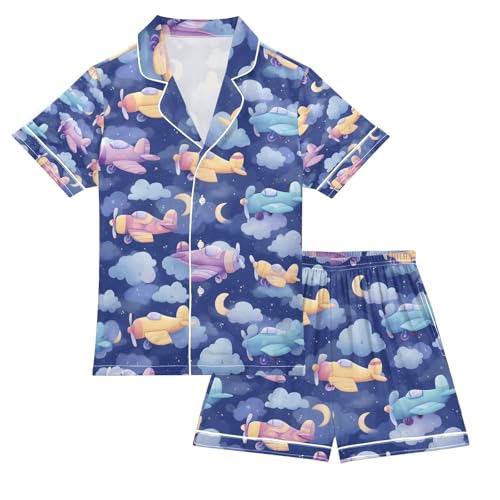 senya Dreamliner Aircraft A Satin Summer Pajama Sets Silk Short Sleeve Button Down Sleepwear