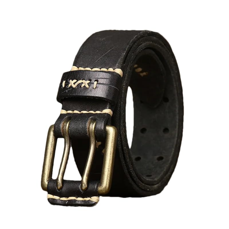 Pohullan Men 3.8cm Retro Vintage Leather Belt Double Needle Buckle Classic Hollow Jeans Belt