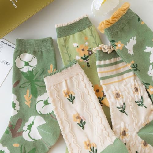 Image of HOMSSEM Floral Crew Socks - 5Pair Flower Graphic Soft Cotton Socks for Women, Teen Girls - for Sandals, - Cute Vibrant Colors