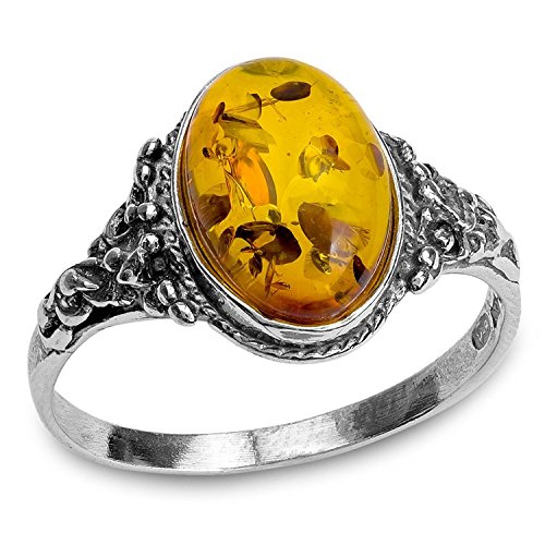 Anillo con Ámbar Báltico Color Miel con Filigrana Ovalado de Plata de Ley