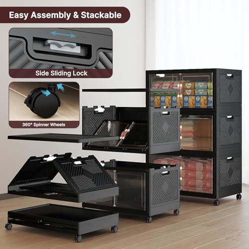 Image of UAMFURI Stackable Storage Bins with Lids,720QT Closet Organizers, Lockable Storage Cabinet,Foldable Storage Box with Doors and Wheels, Plastic Drawers for Home, Garage, Office (6, Black, Large)