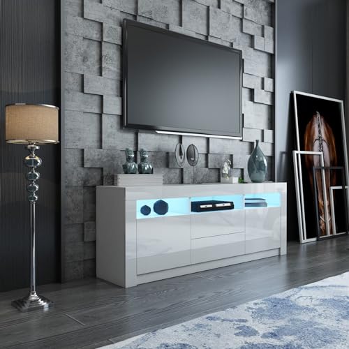 Senvoziii White Gloss TV Unit with 2 Drawers 2 Doors, TV Eentertainment Units for Living Room, 160cm Led Light TV Stand Storage Cabinet, Modern Sideboard TV Stand Cabinet