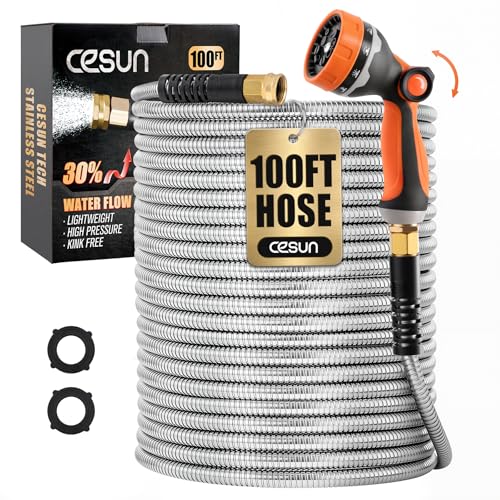 Cesun 100 ft Metal Garden Hose, Stainless Steel Heavy Duty Water Hose With 10 Function Nozzle, No Kink & Flexible, Lightweight and Durable, Rust Proof for Yard, RV, Pet Bath, Outdoor, 100 foot x 5/8"