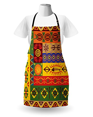 Ambesonne African Apron, Abstract West Folk Art Forms Unique Lines Print, Unisex Kitchen Bib With Adjustable Neck For Cooking Gardening, Adult Size, Orange Yellow #TOP1