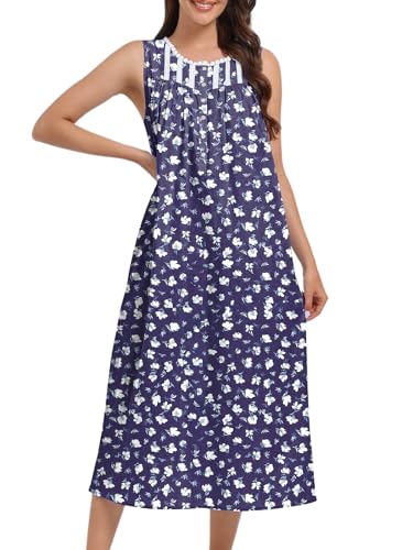 FMIRREO Cotton Nightgowns for Women Sleeveless Tank Night Gown Soft House Dress Ladies Long Nightdress Royal Blue White Flowers Large - image 2