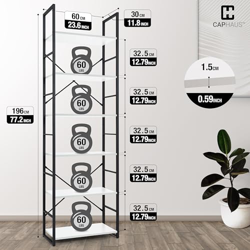 Image of CAPHAUS 6 Tier Bookshelf, 24 Inch Width Free Standing Shelf, Bookcase Shelf Storage Organizer, Industrial Book Shelves for Home Office, Living Room, Kitchen, White Shelves & Metal Frame