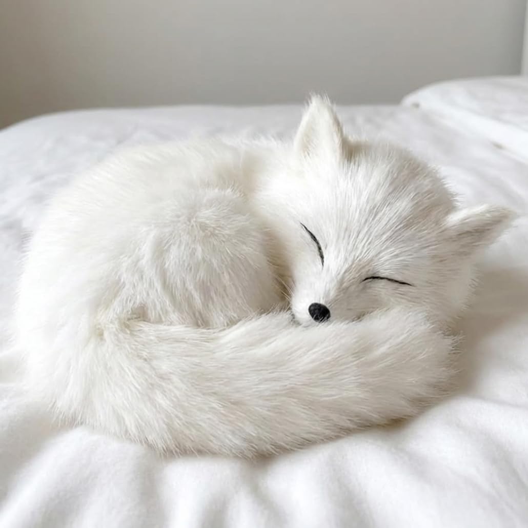 Ferricult White Fox Stuffed Animal, Realistic Fox Figurine Handcrafted Home Decor with Soft Faux Furs, Desk Ornament for Living Room, Office, Shelf, White Stuffed Animal