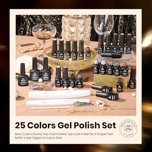 Image of beetles Gel Polish Set - Gel Nail Polish Kit Gilded Veil 25 Colors Black White Burgundy Blue Nude Grey Green Glitters UV Led Nail Polish with Top Base Coat Soak off Nail Art Gift for Women