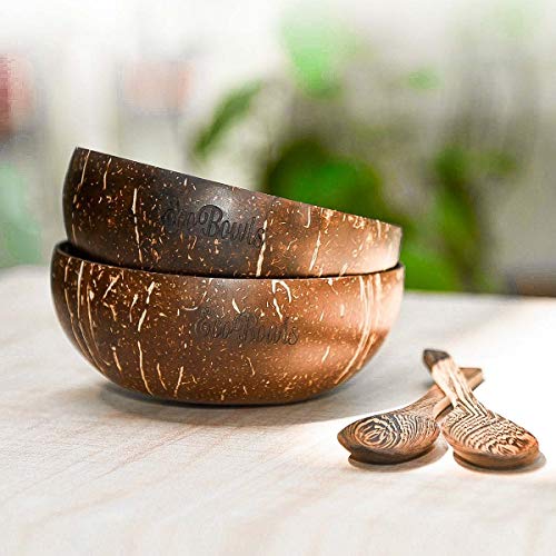 VNCraft Natural Coconut Bowls and Spoons Set of 2 - Polished with Coconut Oil, Durable, Lightweight, Useful, Large Wooden Serving Bowl for Salads, Breakfast, Decoration, Vegan Organic Friendly