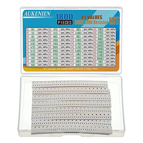 AUKENIEN 0402 Resistance SMD 45 Valeurs 1800 Pièces 0R à 10M Ohm Resistances 1/16W Kit Assortiment de Résistance SMT avec ±5% Tolérance Cover
